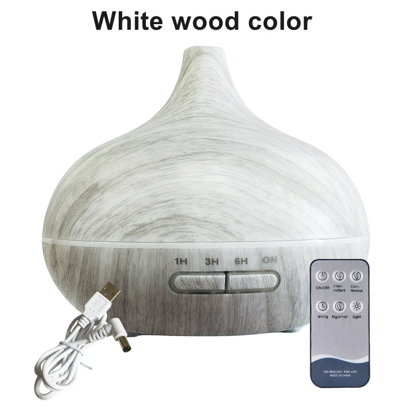 550ml USB Aroma Diffuser – Wood Grain Essential Oil Humidifier with LED & Remote